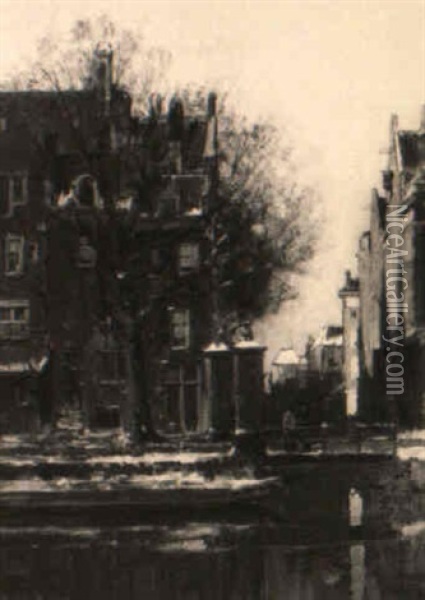 View Of An Amsterdam Canal In Winter Oil Painting - Johannes Christiaan Karel Klinkenberg
