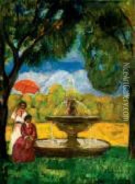 Woman With Parasols By The Fountain, About 1910 Oil Painting - Bela Ivanyi Grunwald