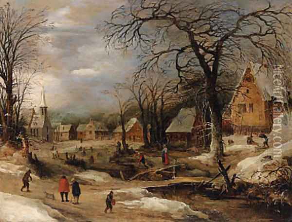 A village scene in winter with peasants by a river Oil Painting - Frans de Momper