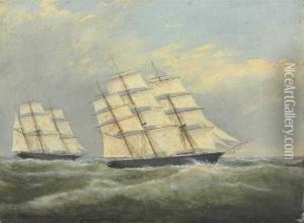 Clipperships Racing Neck And Neck Oil Painting - Clement Drew