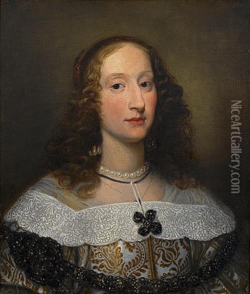 Portrait Of A Lady, Bust-length, In A Gold And White Dress With A White Lace-trimmed Collar And A Pearl Necklace Oil Painting - Frans Luycks