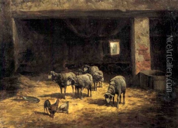 Moutons A La Bergerie Oil Painting - Clement (Charles-Henri) Quinton