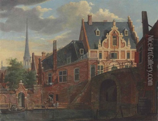 A Canal View With A Church In The Distance Oil Painting - Johannes Huibert (Hendric) Prins