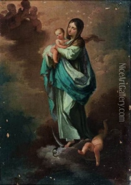 Vierge De L'immaculee (conception Tenant L'enfant Jesus Dans Ses Bras) Oil Painting - Mariano Salvador de Maella