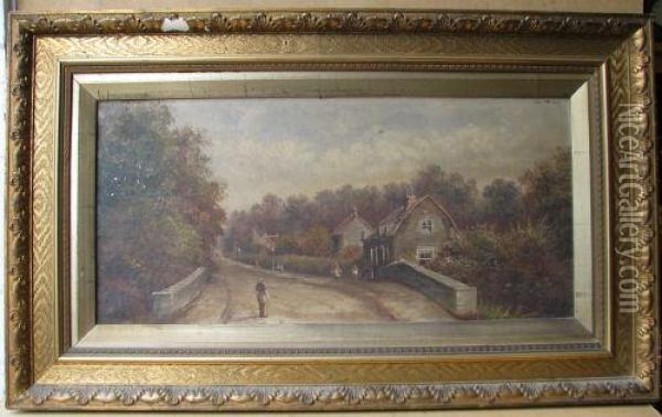 Oil On Canvas Depicting Figures On Bridge Of Roadway Oil Painting - Henry Hotham Harris