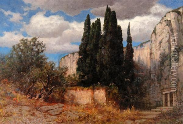 Landscape With Cypress Trees Oil Painting - Hermann Traugott Rudisuhli