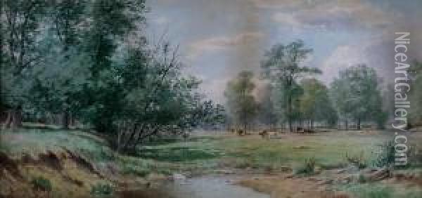 Landscape With Grazing Cows Oil Painting - Junius R. Sloan
