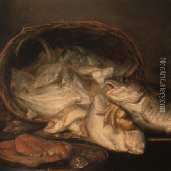 A Still Life Of Assorted Fish In A Basket With Crabs, Salmon And Oysters Oil Painting - Abraham van Beyeren