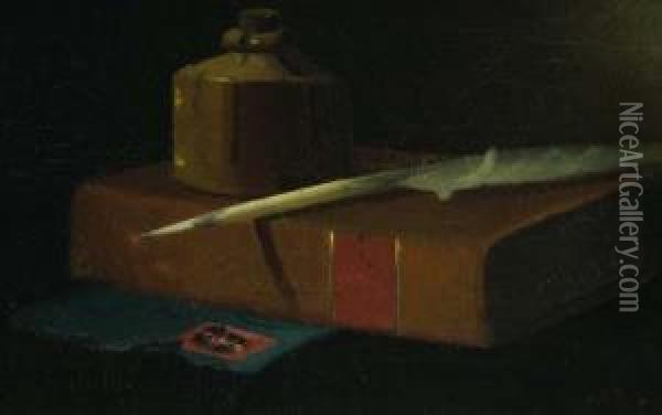Still Life With Inkwell, Book & Quill Oil Painting - John Frederick Peto