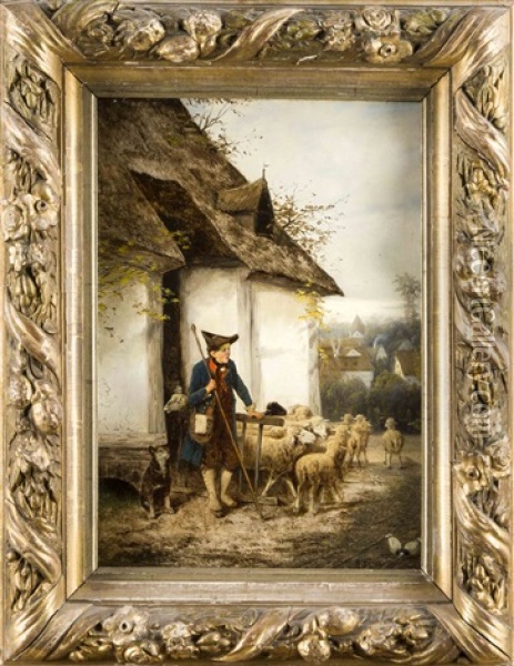 Schafer Beim Offnen Des Gatters Durch Das Die Schafe Richtung Dorf Drangen Oil Painting - Fritz Beinke