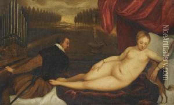 Venus Lying On A Bed With An Organist To Her Left, A Landscape Beyond Oil Painting - Tiziano Vecellio (Titian)