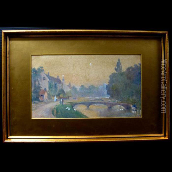 Figures Walking Beside Canal With Ducks Oil Painting - Frederic Marlett Bell-Smith