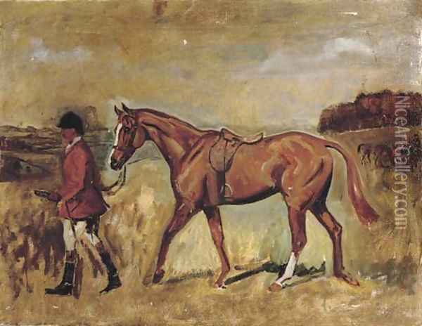 A gentleman with his hunter in an extensive landscape Oil Painting - Sir Alfred James Munnings