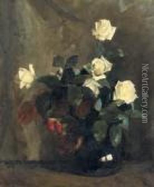 White Rozes In A Black Vase Oil Painting - Floris Arntzenius