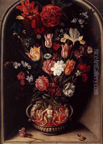 Flower Vase in a Niche c. 1615 Oil Painting - Jacob Woutersz Vosmaer