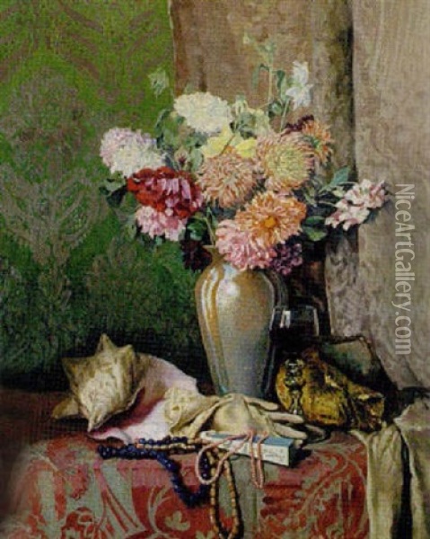 Grosses Blumenstilleben Mit Ziergegenstanden Oil Painting - Eduard Ameseder