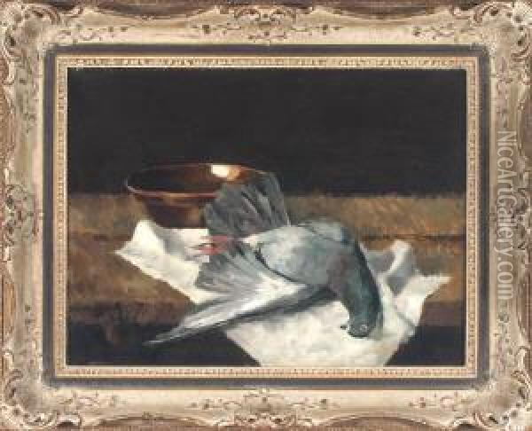 Stilleben Mit Taube Auf Einem Weisen Tuch Vor Einer Keramikschale Vor Dunklem Hintergrund Oil Painting - Clara Von Bayern