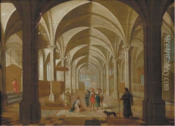 The Transept Of A Gothic Church With Christ And The Woman Taken In Adultery Oil Painting - Peeter Neeffs the Elder