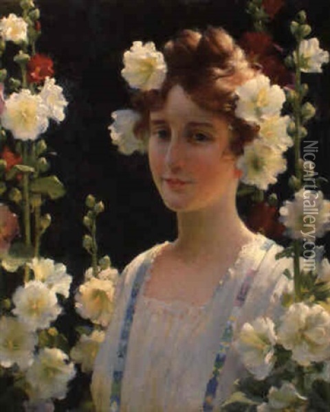 Among The Hollyhocks Oil Painting - Charles Courtney Curran