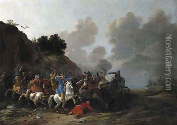 A cavalry battle between Turks and Christians Oil Painting - Simon Johannes van Douw