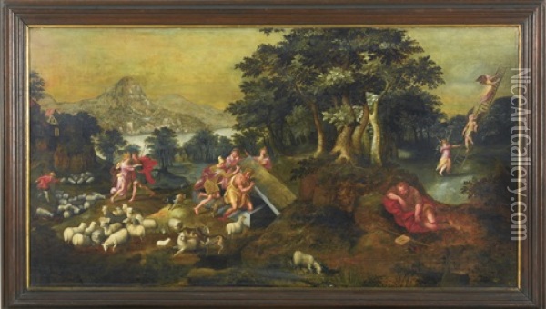 Scenes From The Life Of Jacob In The Book Of Genesis: Jacob Wrestling The Angel; Jacob Removing The Stone From The Well To Water Laban's Sheep; And The Dream Of Jacob's Ladder Oil Painting - Gillis Mostaert the Elder