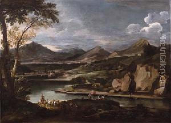 Paesaggio Fluviale Con Pescatori E Carovana Di Muli Oil Painting - Jacob De Heusch