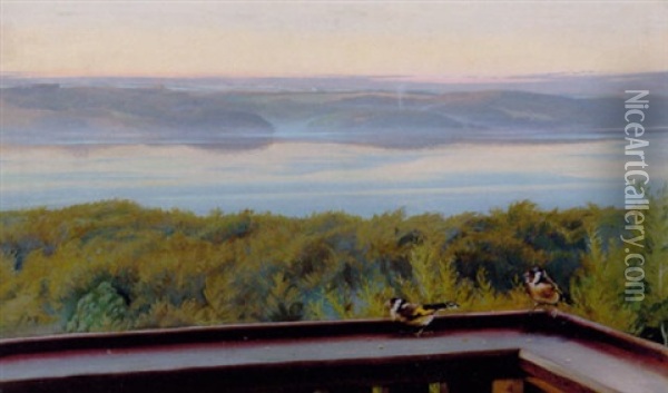 To Stillitser Pa Terrassen Oil Painting - Harald Slott-Moller