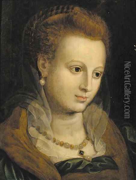 Portrait of a lady, bust-length, wearing a pearl necklace Oil Painting - Frans Floris