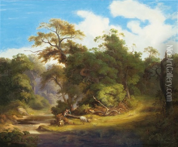 Idyllischer Wald Mit Holzfallern Oil Painting - Julius Bakof