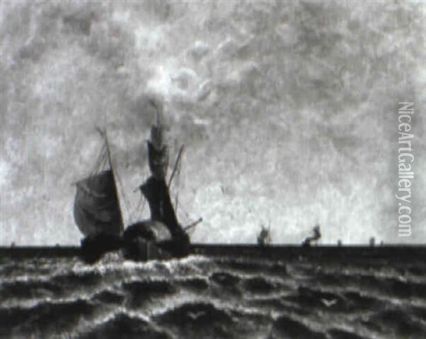 Marine Mit Zweimastschoner, Segelschiffen Und Dampf Oil Painting - Johann Jungblut