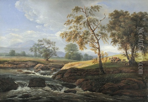 Landschaft Mit Flusschen Am Millischauer In Bohmen, Rechts Ein Hirte Mit Herde Oil Painting - Christian Friedrich Gille