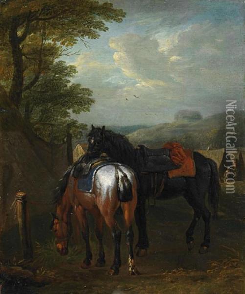 Zwei Gesattelte Pferde An Der Tranke Zwei Ungesattelte Pferde An Der Tranke Oil Painting - Pieter van Bloemen