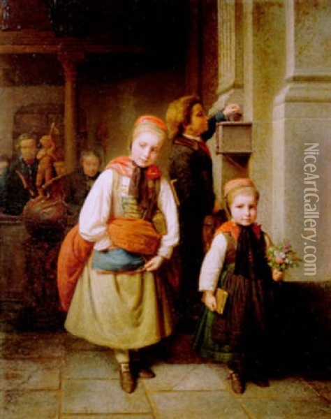 Der Opferstock. Ein Knabe Und Zwei Madchen Aus Der Kirche Kommend Oil Painting - Karl Friedrich Boser
