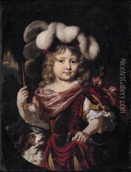 Portrait Of A Young Boy Wearing Classical Costume, Holding A Bow And Arrow, Accompanied By A Spaniel Oil Painting - Nicolaes Maes