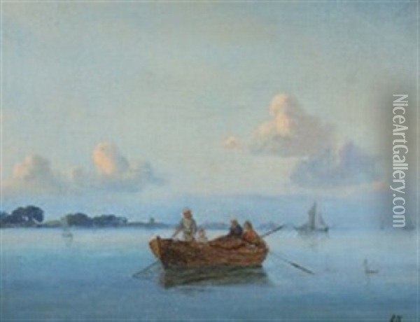 Marine With Fishermen In A Boat Oil Painting - Anton Laurids Johannes Dorph