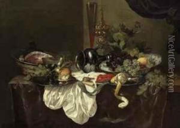 A Roemer, A Bread Roll, A Peeled Lemon, A Langoustine And A Ham Onpewter Plates, With An Upturned Pewter Jug, Grapes And A Lemon In Awan-li Kraak Porcelain Bowl, A Tall Wine Glass And A Cup And Coveron A Partially Draped Table Oil Painting - Abraham Hendrickz Van Beyeren