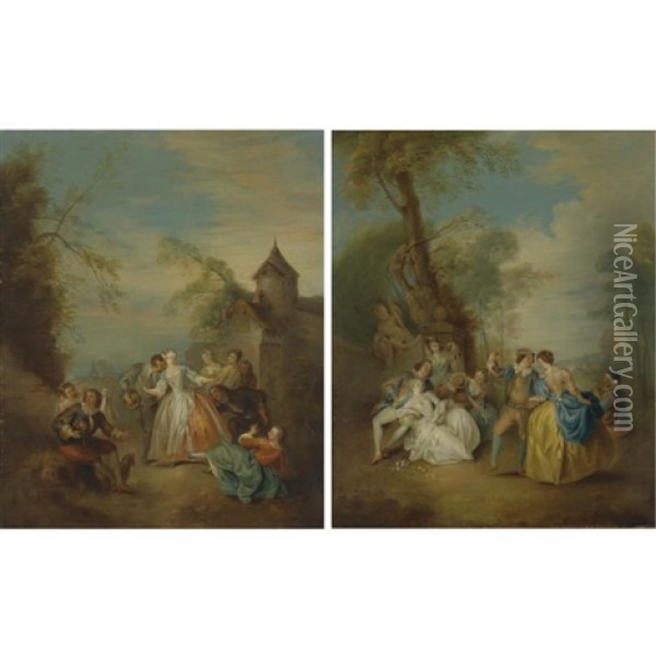 The Dance (+ Blind Man's Bluff; Pair) Oil Painting - Jean-Baptiste Pater