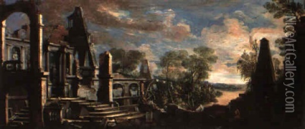 Classical Ruins By A Lake Oil Painting - Frans de Momper