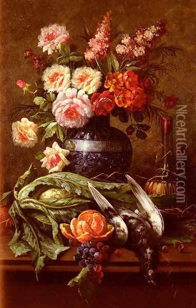 Nature Morte Aux Fleurs Et A L'Orange (Still Life of Flowers and an Orange) Oil Painting - Modeste Carlier