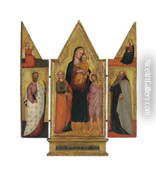 The Madonna And Child With Saints Mary Magdalene And Christopher (central Panel); The Angel Of The Annunciation And Saint Bartholomew (left Wing); The Virgin Annunciate And Saint Anthony Abbot (right Wing); A Female Figure (outside Right Wing)(triptych) Oil Painting - Lorenzo di Bicci