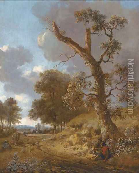 An extensive wooded landscape with a herdsman resting by a tree and hunters on a path in the distance Oil Painting - Jan Wynants