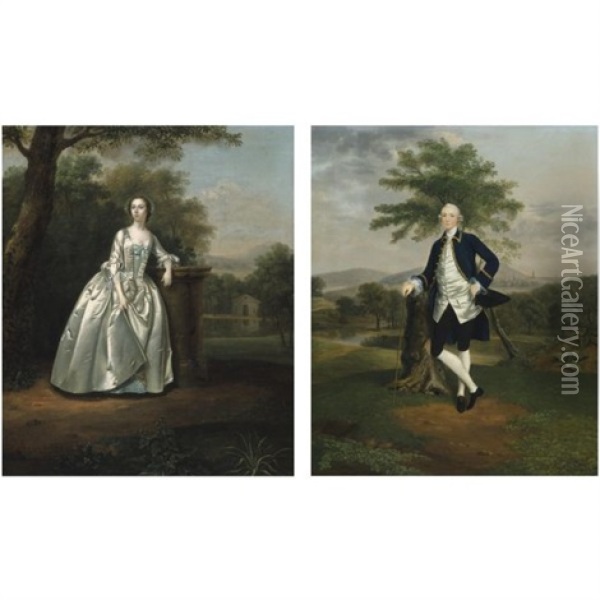 Portrait Of Edward Travers Of Trefalyn House (+ Ursula, His Wife; Pair) Oil Painting - Arthur Devis