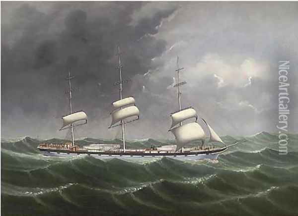 The coolie ship Rhone reefed down in heavy weather Oil Painting - Lai Fong