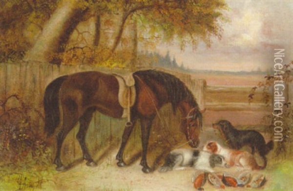 A Bay Pony And Spaniels Guarding The Day's Bag Oil Painting - Edward Armfield