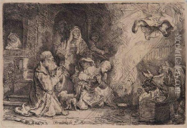 L'ange Qui Disparait Devant La Famille De Tobie Oil Painting - Rembrandt Van Rijn
