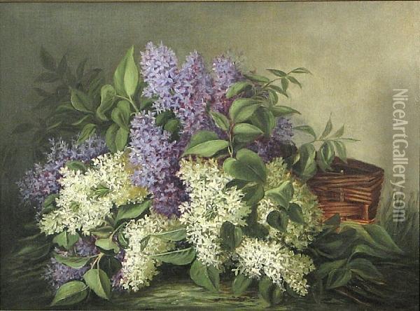 Still Life With Purple And White Lilacs Oil Painting - J.H. Brownlee