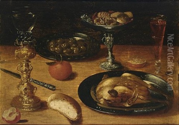A Still Life With A Roast Chicken And Olives On Pewter Plates, A Roemer In A Silver-gilt Holder, An Orange, A Tazza With Cookies And A Wineglass Oil Painting - Osias Beert the Elder