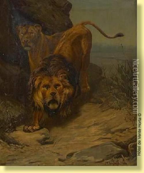 Lion Et Lionne A L'affut Oil Painting - Jef Louis Van Leemputten