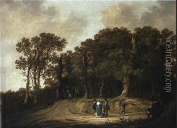 Gentlemen And A Lady On A Track At The Edge Of A Wood With An Artist Oil Painting - Aelbert Cuyp