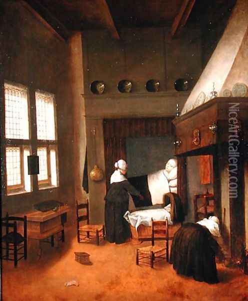 Bedroom Interior with Mother and New-Born Child Oil Painting - Jacobus Vrel